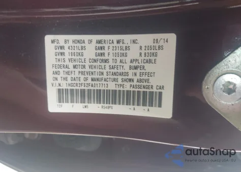 2015 Honda Accord Sport z USA, uszkodzony, nr VIN 1HGCR2F52FA017713